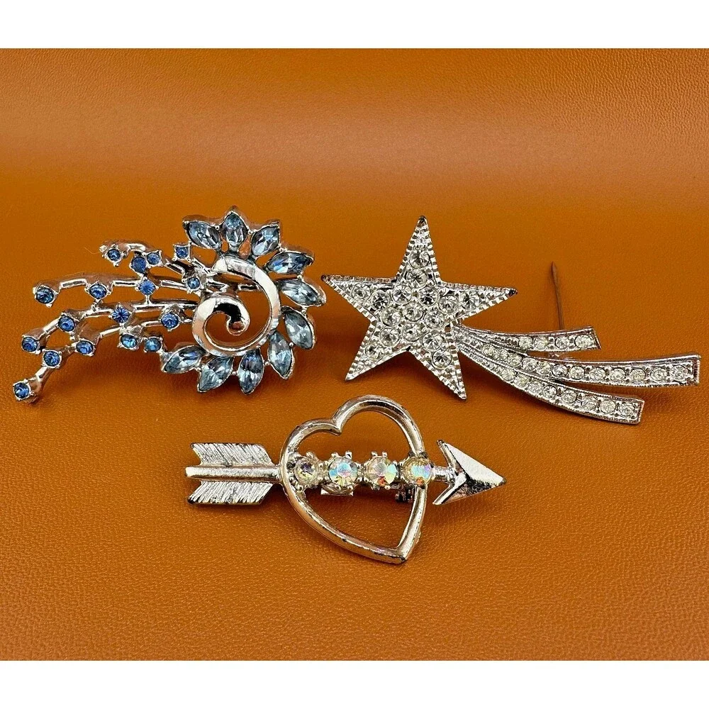 Vintage Rhinestone Brooch Lot Shooting Star Sunburst Heart Arrow Blue Clear AB